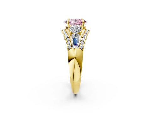 Yellow gold Three-Stone Fancy Pink Oval Cut Diamond Engagement Ring with Pave Band and Prong Setting_2