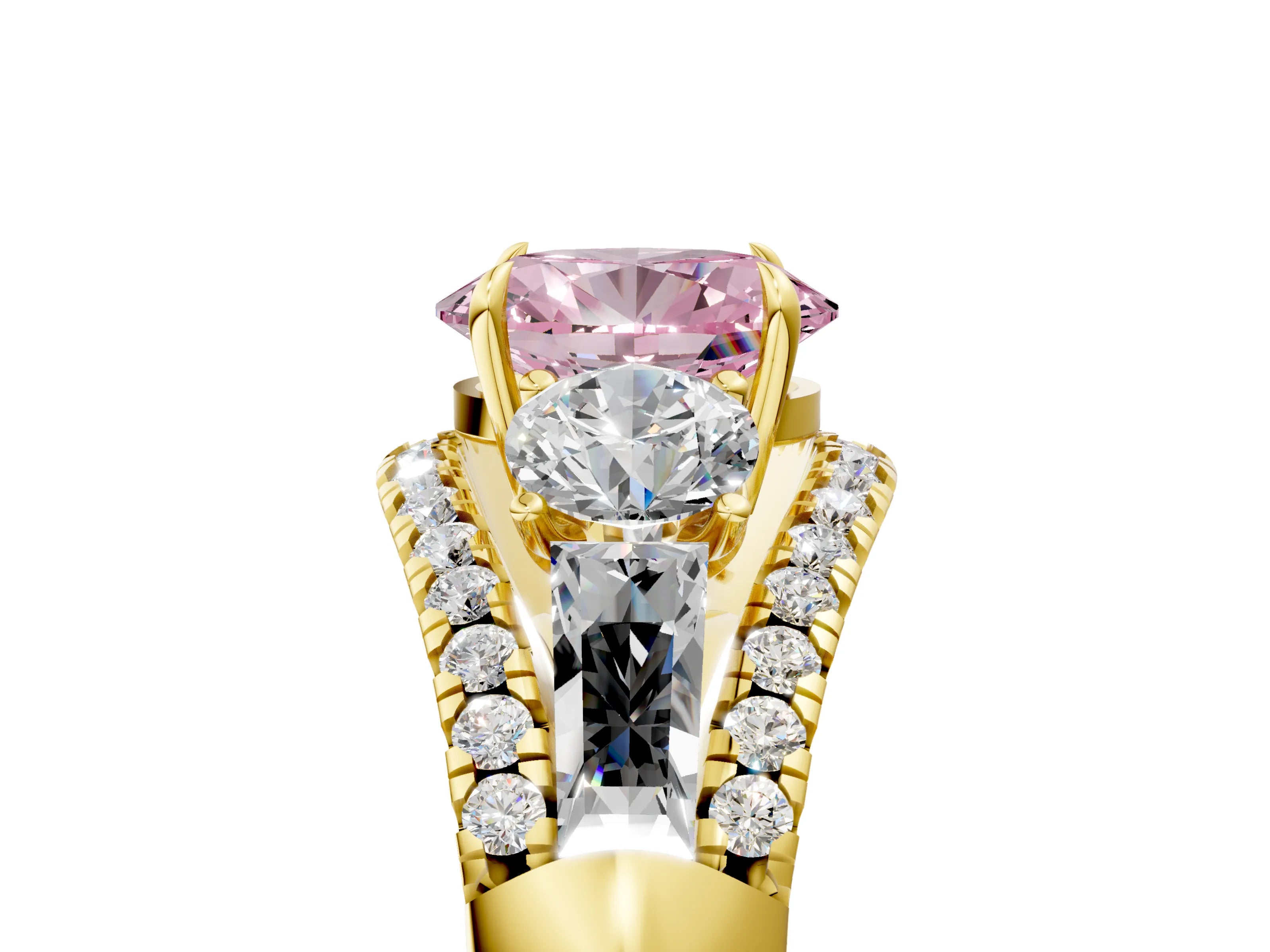 Yellow gold Three-Stone Fancy Pink Oval Cut Diamond Engagement Ring with Pave Band and Prong Setting_5