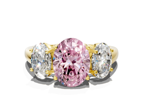 Yellow gold Three-Stone Fancy Pink Oval Cut Diamond Engagement Ring with Prong Setting