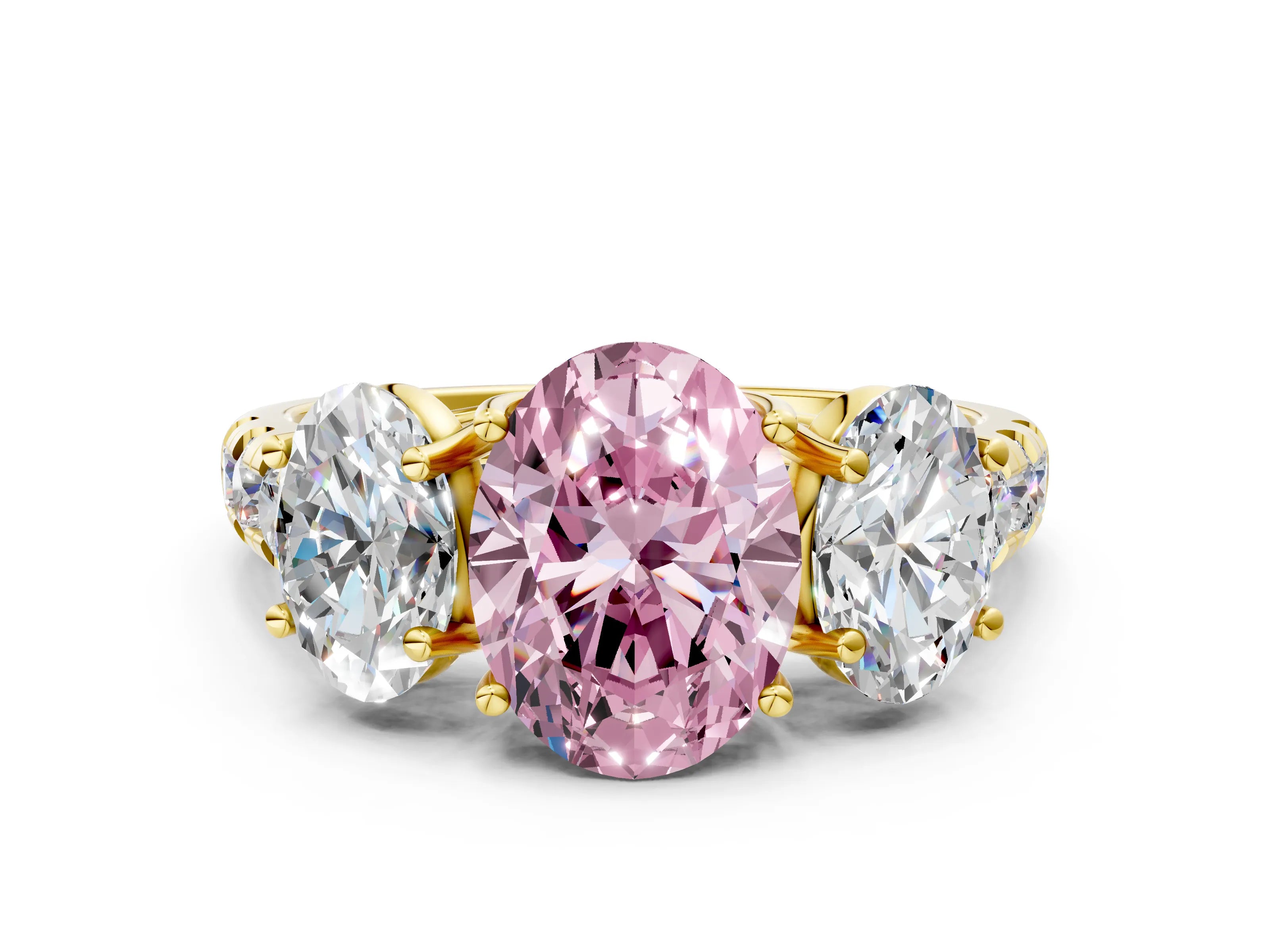 Yellow gold Three-Stone Fancy Pink Oval Cut Diamond Pavé Band with Prong Setting