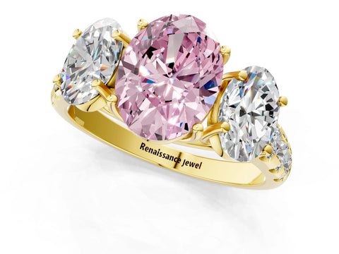 Yellow gold Three-Stone Fancy Pink Oval Cut Diamond Pavé Band with Prong Setting_1