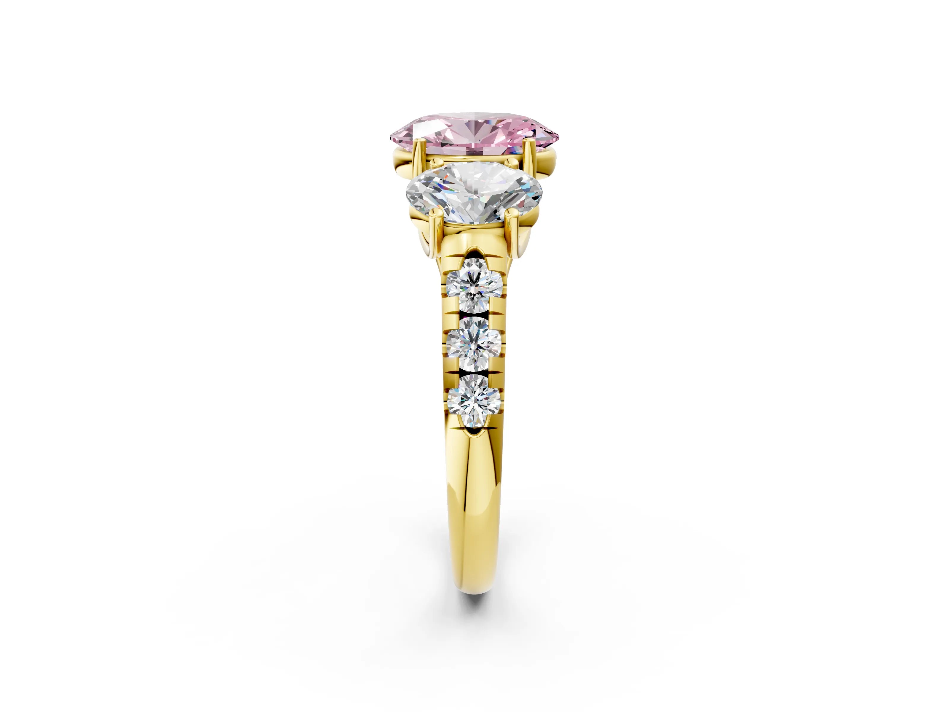 Yellow gold Three-Stone Fancy Pink Oval Cut Diamond Pavé Band with Prong Setting_2
