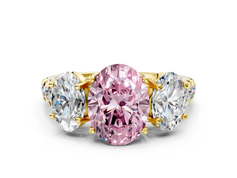 Yellow gold Three-Stone Fancy Pink Oval Cut Diamond Pavé Band with Prong Setting