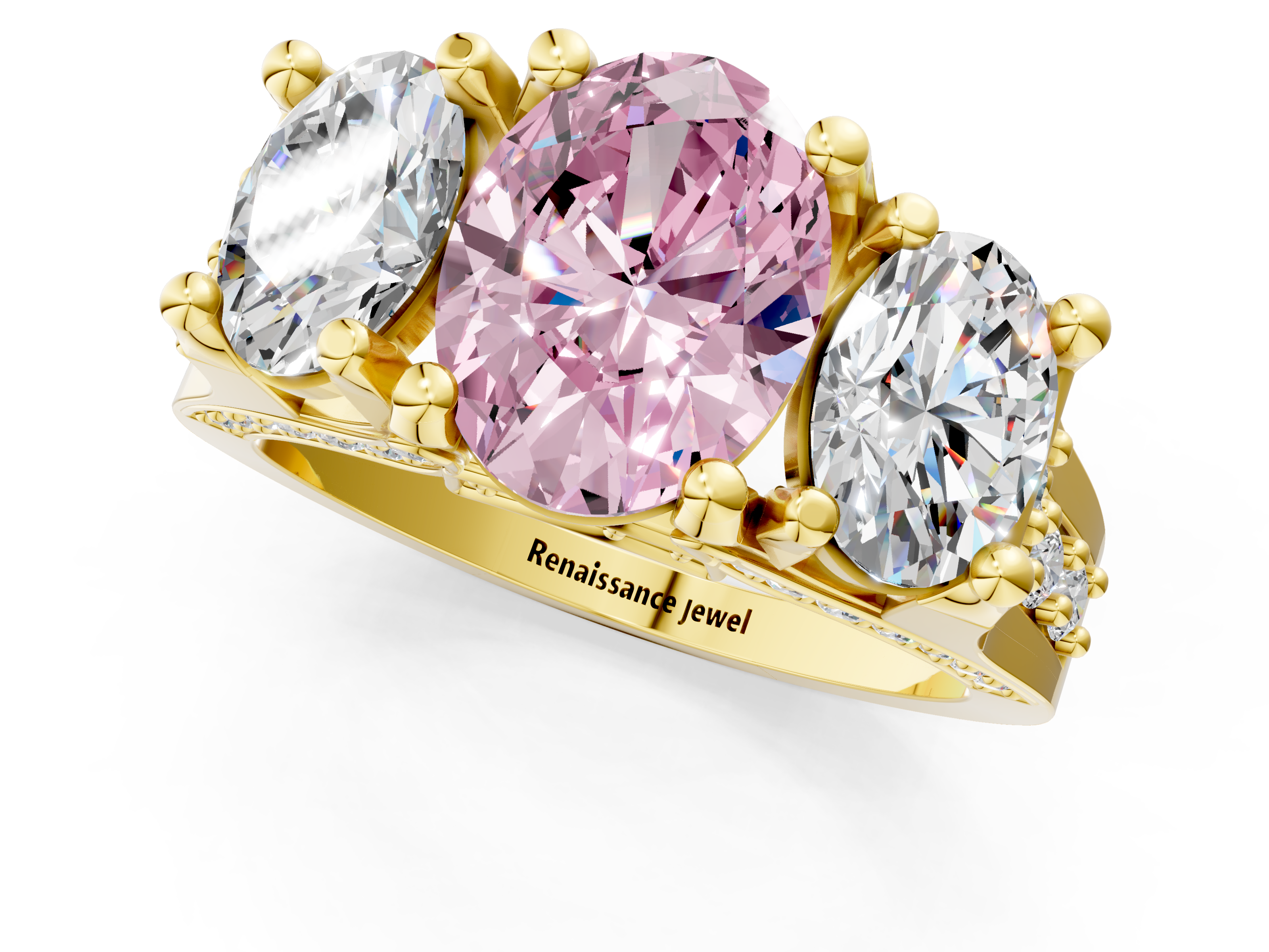 Yellow gold Three-Stone Fancy Pink Oval  Cut Diamond Ring with Channel-Set Band and Four-Prong Setting_33