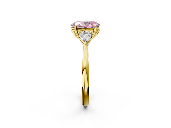 Yellow gold Three-Stone Fancy Pink Oval  Cut Diamond Ring with Pear Side Stones in Four-Prong Setting