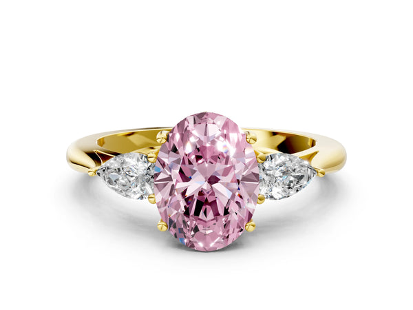 Yellow gold Three-Stone Fancy Pink Oval Cut Diamond Ring with Pear  Side Stones in Four-Prong Setting