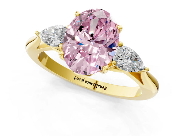 Yellow gold Three-Stone Fancy Pink Oval Cut Diamond Ring with Pear  Side Stones in Four-Prong Setting