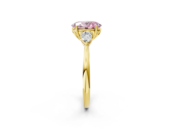 Yellow gold Three-Stone Fancy Pink Oval Cut Diamond Ring with Pear  Side Stones in Four-Prong Setting