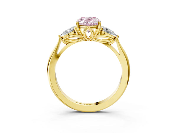 Yellow gold Three-Stone Fancy Pink Oval Cut Diamond Ring with Pear  Side Stones in Four-Prong Setting
