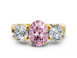Yellow gold Three-Stone Fancy Pink Oval Cut Diamond Ring with Round Side Stones, Classic Band, and Four-Prong Setting