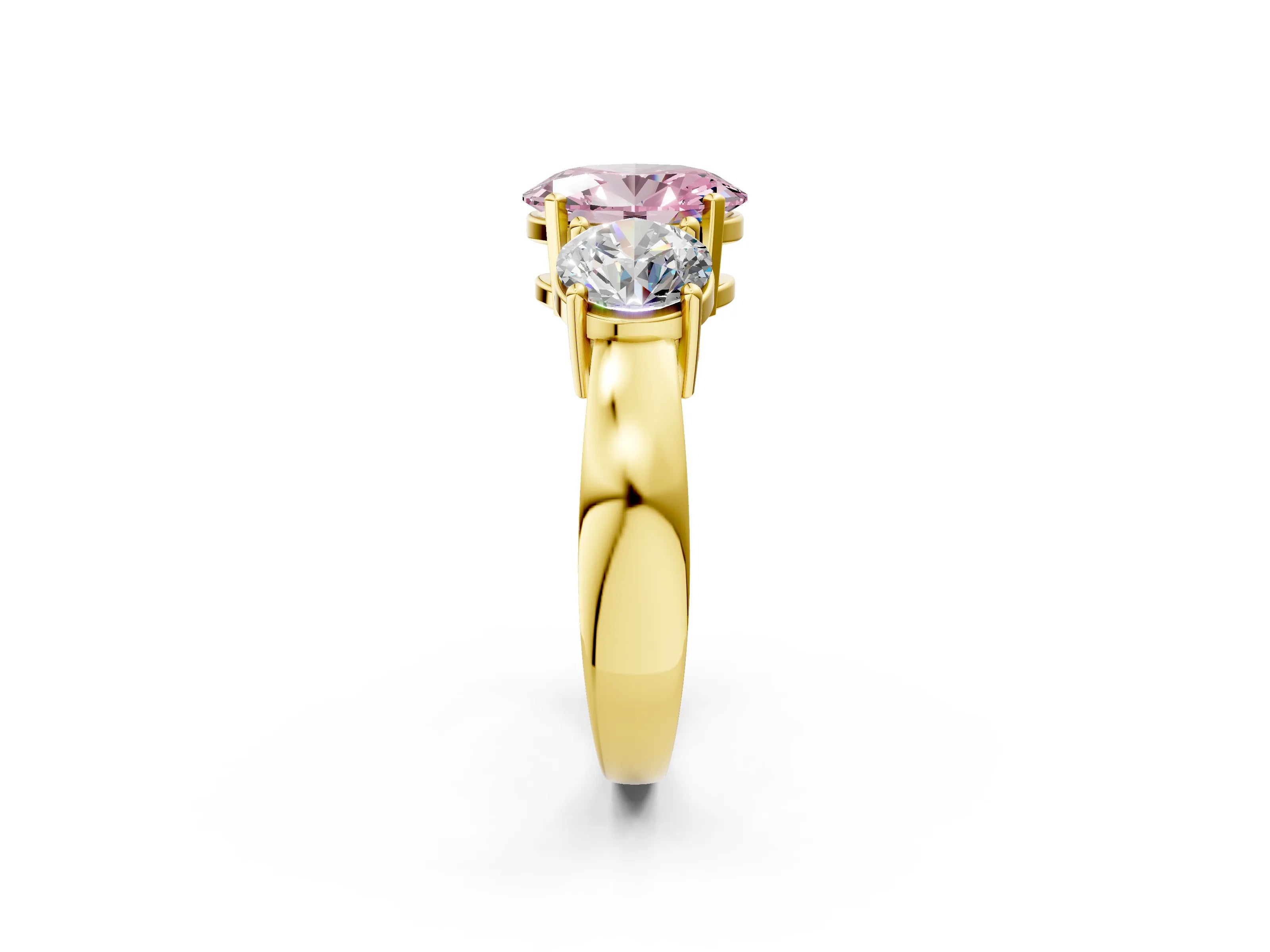 Yellow gold Three-Stone Fancy Pink Oval Cut Diamond Ring with Round Side Stones, Classic Band, and Four-Prong Setting_2