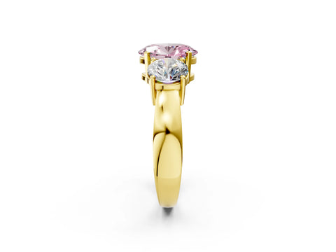 Yellow gold Three-Stone Fancy Pink Oval Cut Diamond Ring with Round Side Stones, Classic Band, and Four-Prong Setting_2