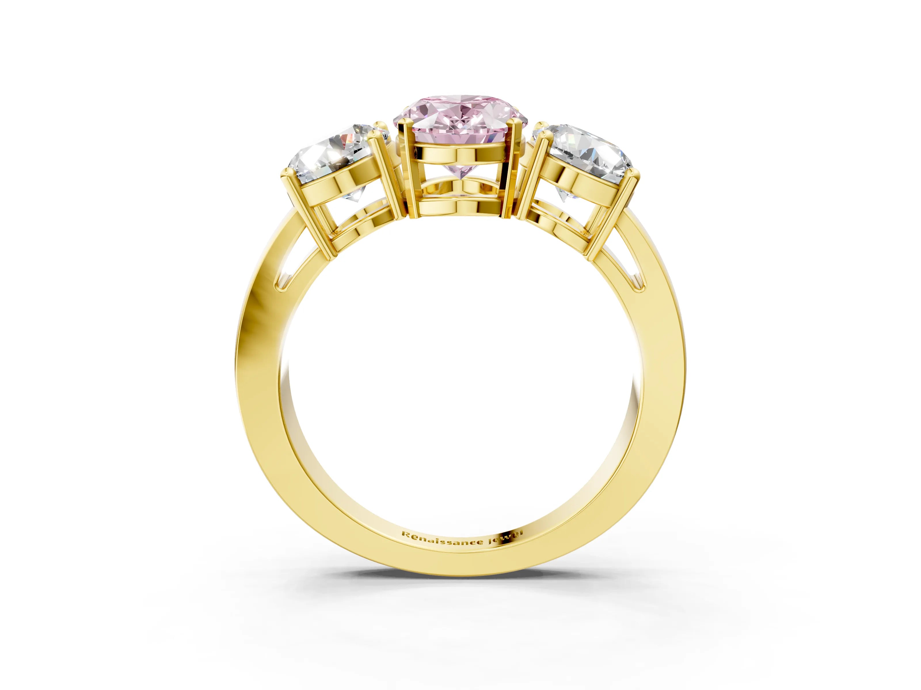 Yellow gold Three-Stone Fancy Pink Oval Cut Diamond Ring with Round Side Stones, Classic Band, and Four-Prong Setting_3