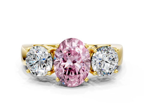 Yellow gold Three-Stone Fancy Pink Oval Cut Diamond Ring with Round Side Stones, Classic Band, and Four-Prong Setting