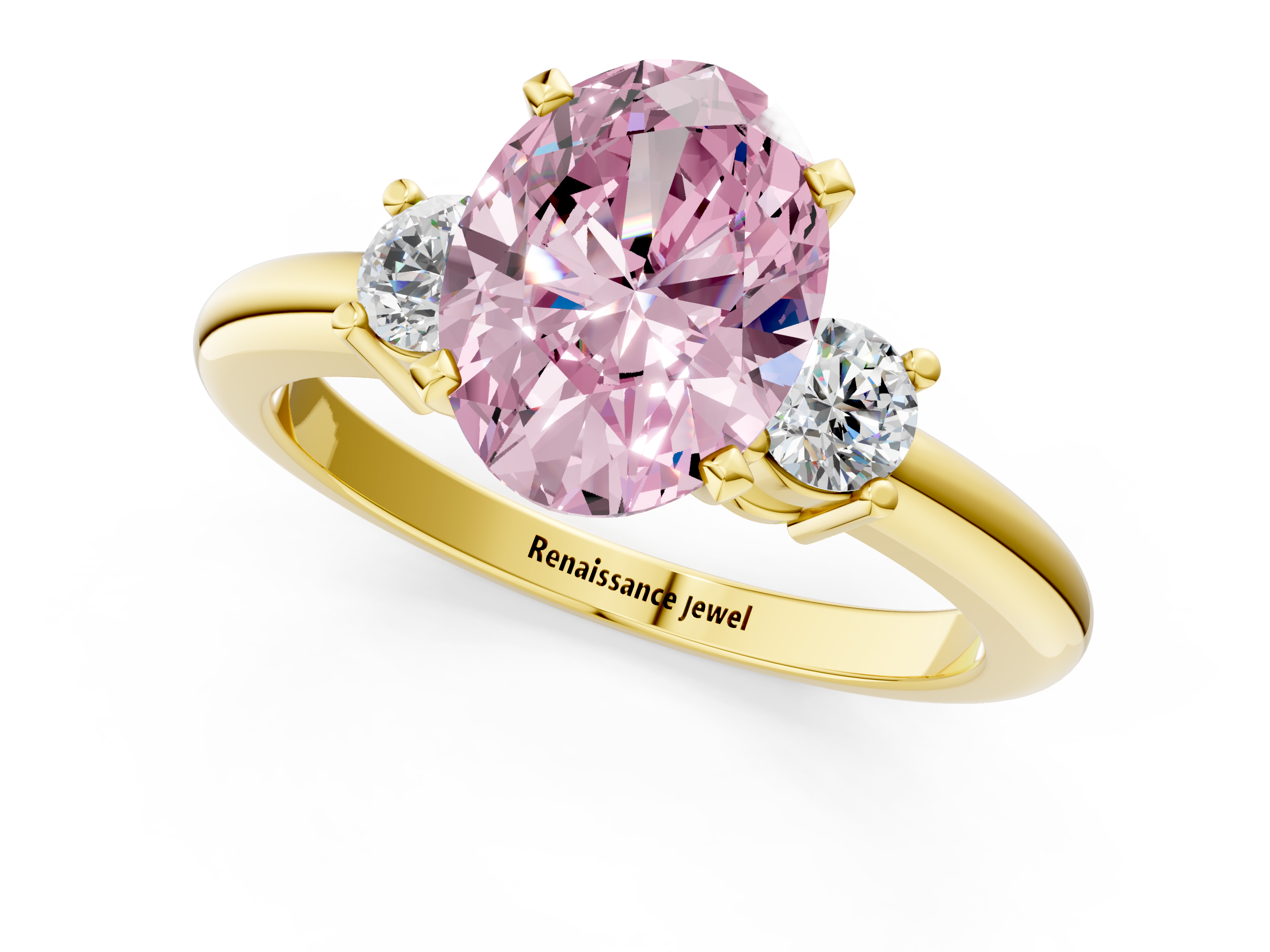 Yellow gold Three-Stone Fancy Pink Oval  Cut Diamond Solitaire with Prong Setting and Classic Band_72