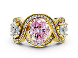 Yellow gold Three-Stone Fancy Pink Oval Cut Diamond Wave Pave Band with Prong Setting