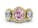 Yellow gold Three-Stone Fancy Pink Oval Cut Halo Diamond Milgrain Band with Four-Prong Setting