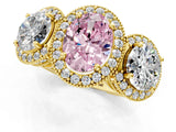 Yellow gold Three-Stone Fancy Pink Oval Cut Halo Diamond Milgrain Band with Four-Prong Setting_1