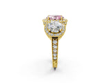 Yellow gold Three-Stone Fancy Pink Oval Cut Halo Diamond Milgrain Band with Four-Prong Setting_2