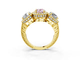Yellow gold Three-Stone Fancy Pink Oval Cut Halo Diamond Milgrain Band with Four-Prong Setting_3