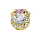 Yellow gold Three-Stone Fancy Pink Oval Cut Halo Diamond Milgrain Band with Four-Prong Setting_5
