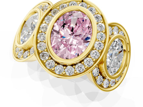 Yellow gold Three-Stone Fancy Pink Oval Cut Halo Pavé Diamond Ring_1