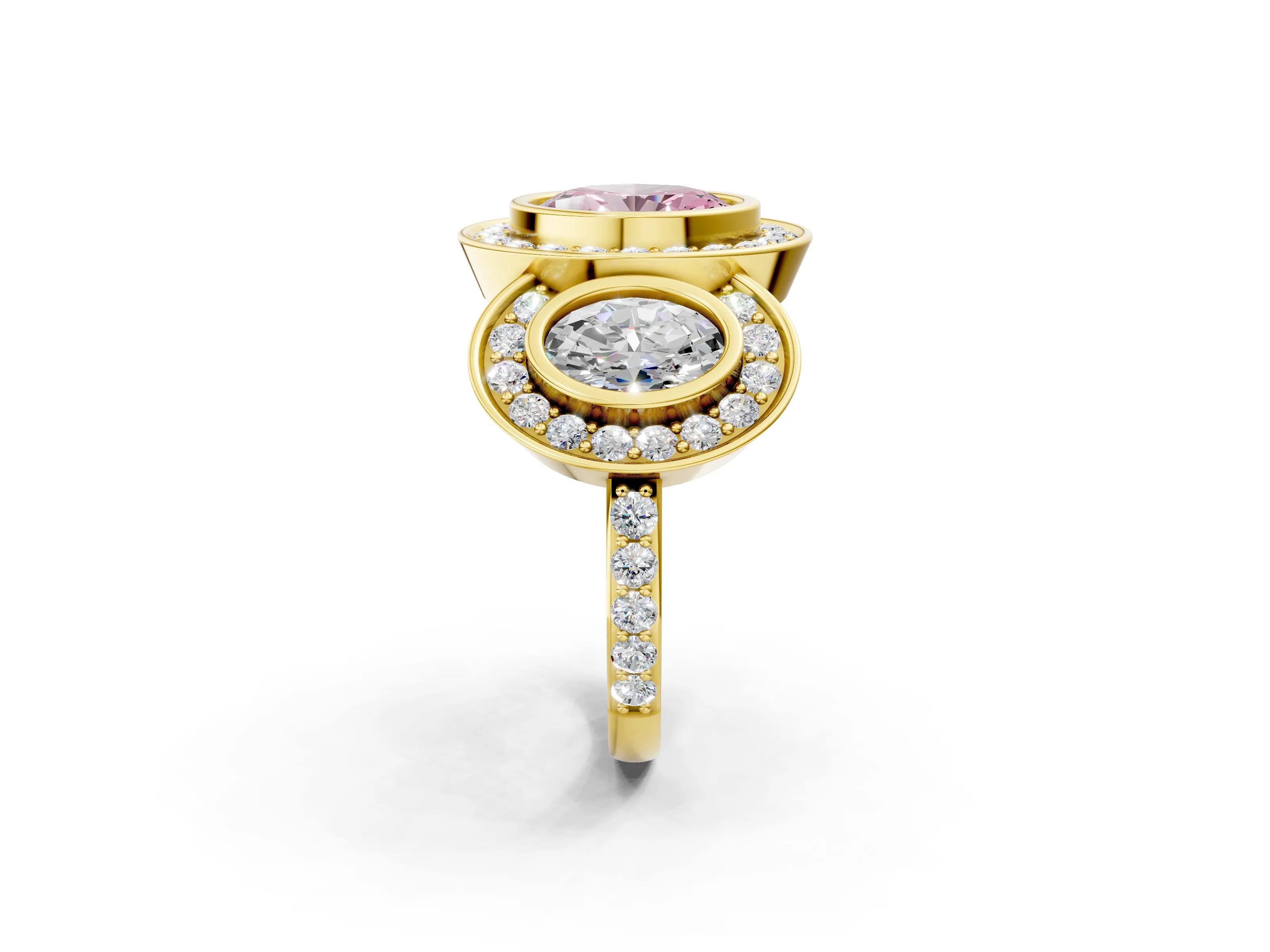 Yellow gold Three-Stone Fancy Pink Oval Cut Halo Pavé Diamond Ring_2
