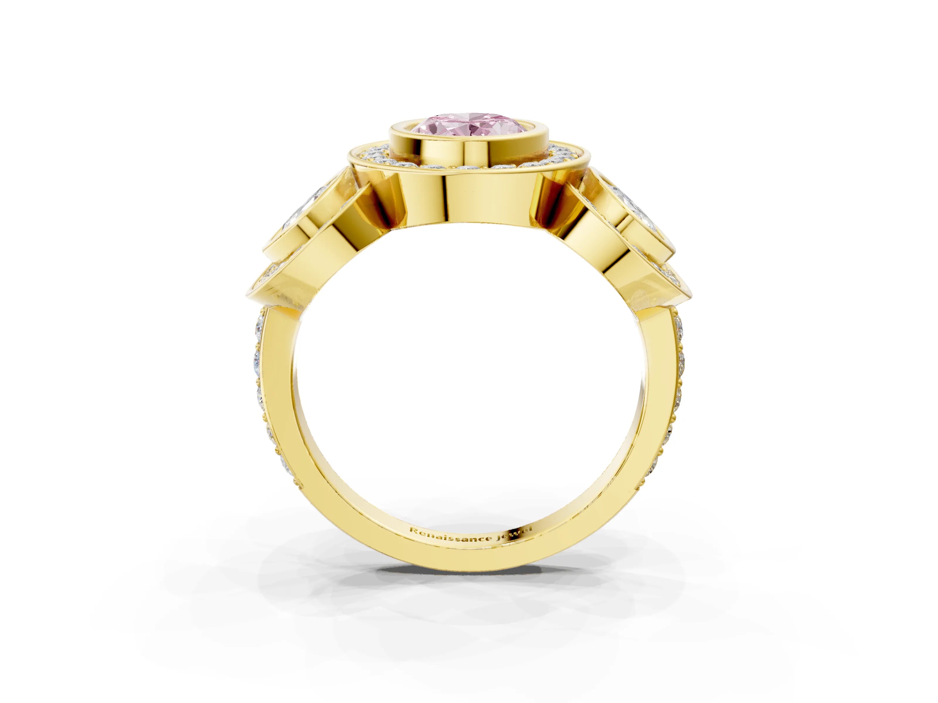 Yellow gold Three-Stone Fancy Pink Oval Cut Halo Pavé Diamond Ring_3