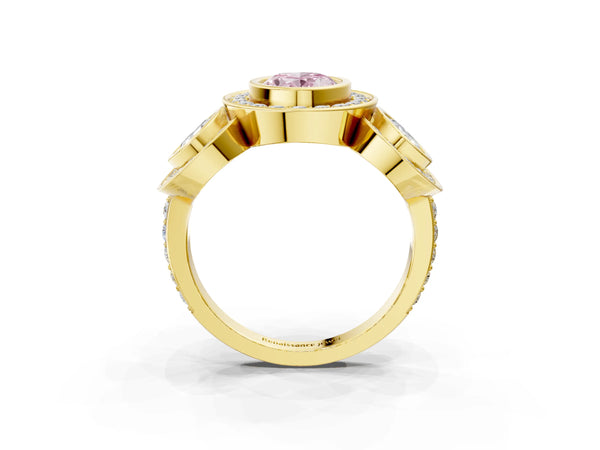 Yellow Gold Oval Bezel Three Stone Halo Engagement Ring Setting for Fancy Pink Center