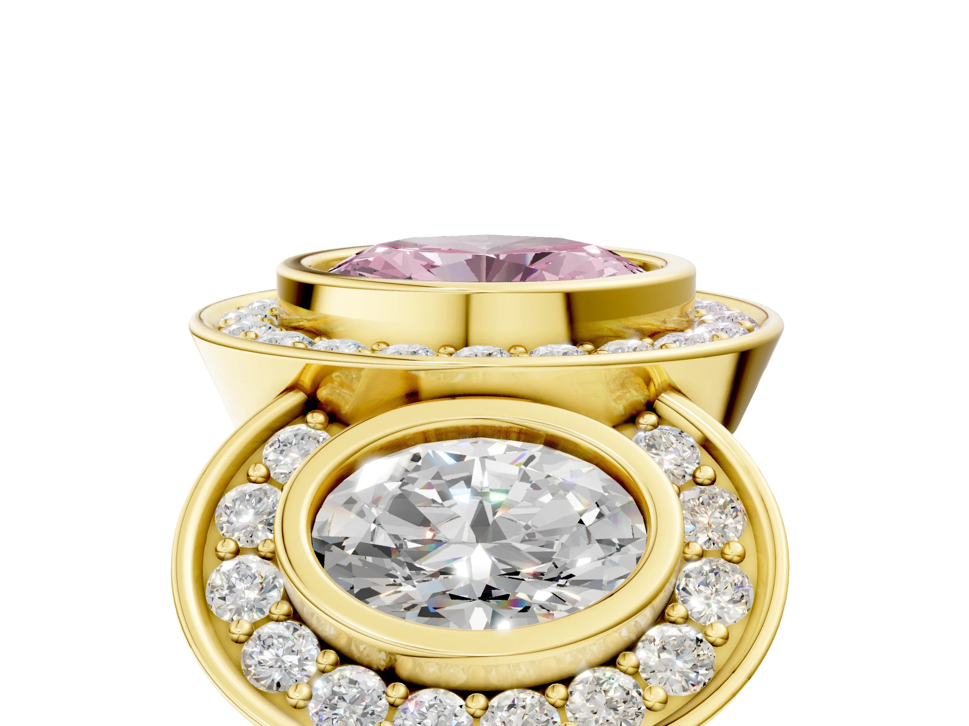 Yellow gold Three-Stone Fancy Pink Oval Cut Halo Pavé Diamond Ring_5