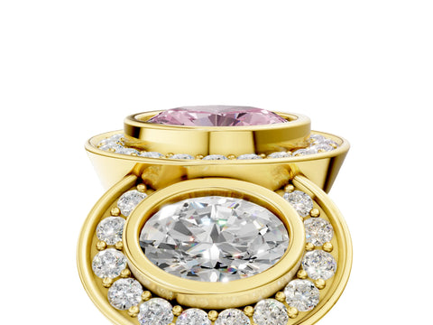 Yellow gold Three-Stone Fancy Pink Oval Cut Halo Pavé Diamond Ring_5