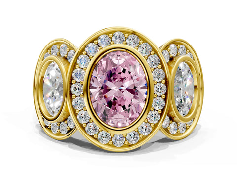 Yellow gold Three-Stone Fancy Pink Oval Cut Halo Pavé Diamond Ring