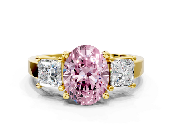 Yellow gold Three-Stone Fancy Pink Oval  Cut Solitaire Ring with Prong Setting