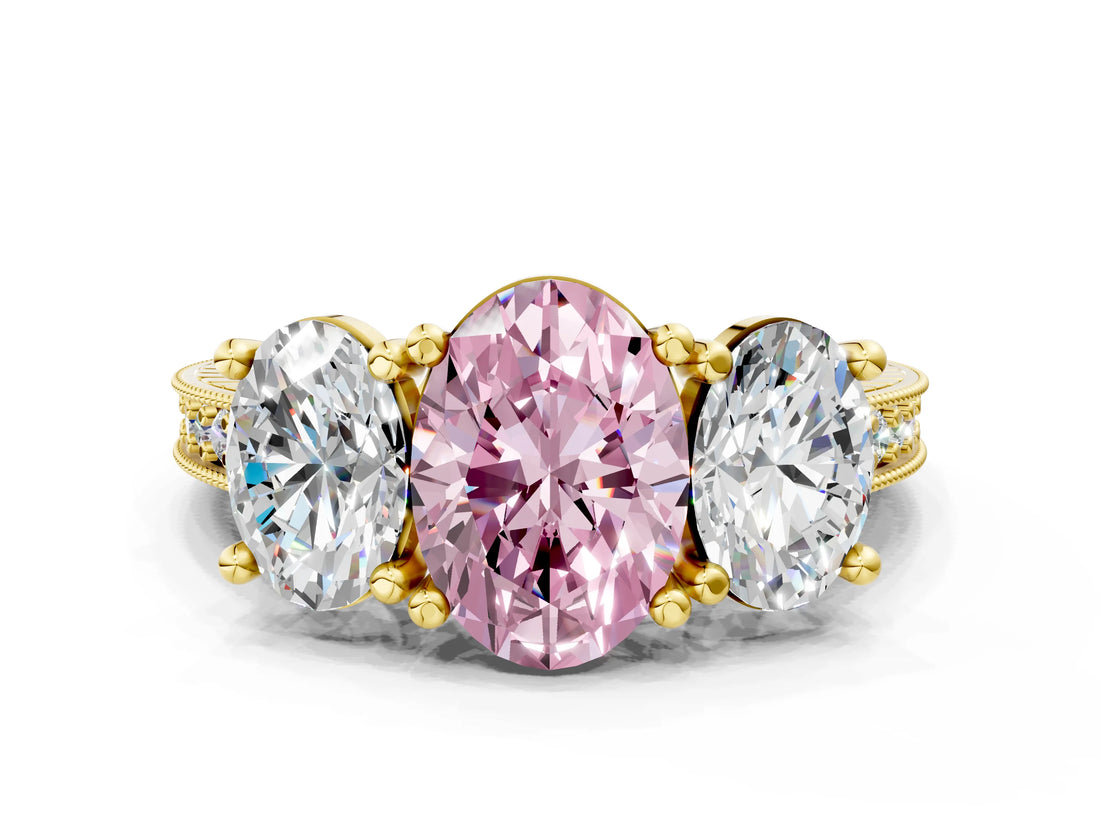 Yellow gold Three-Stone Fancy Pink Oval  Diamond Milgrain Pave Band with Prong Setting