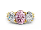 Yellow gold Three-Stone Fancy Pink Oval  Diamond Milgrain Pave Band with Prong Setting