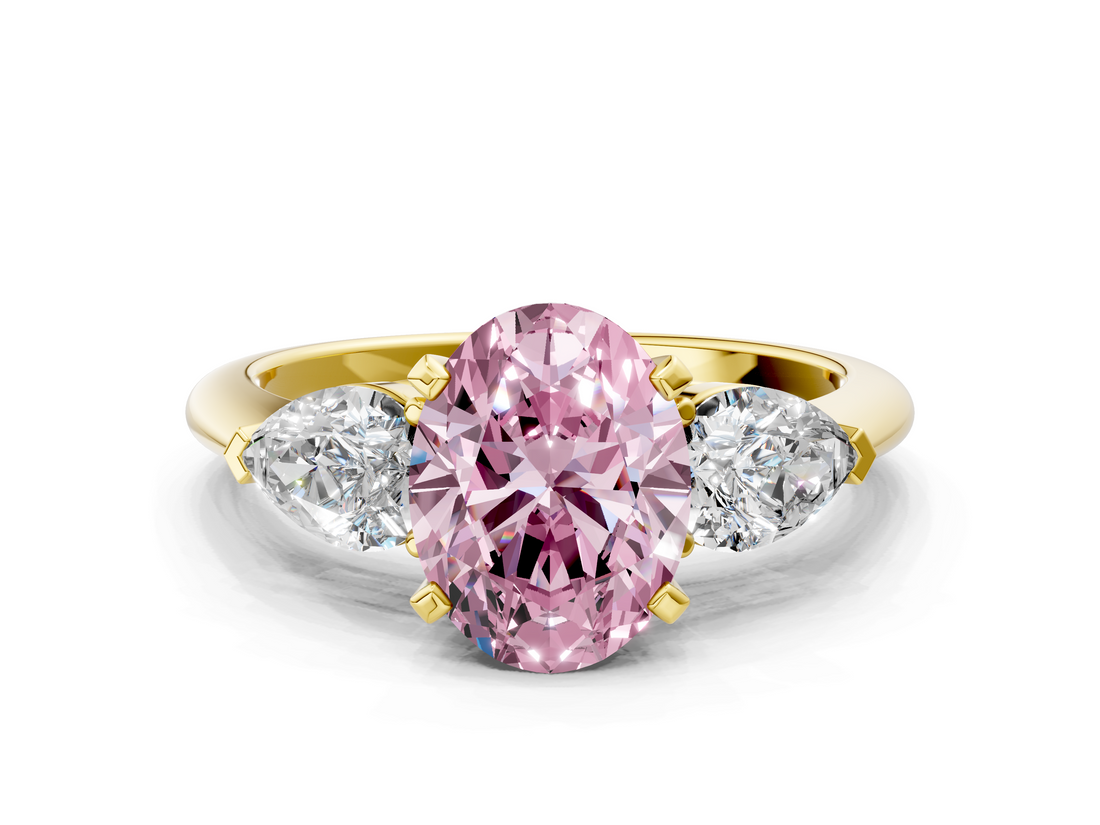 Yellow gold Three-Stone Fancy Pink Oval  Diamond Ring with Pear Side Stones in Four-Prong Setting_59
