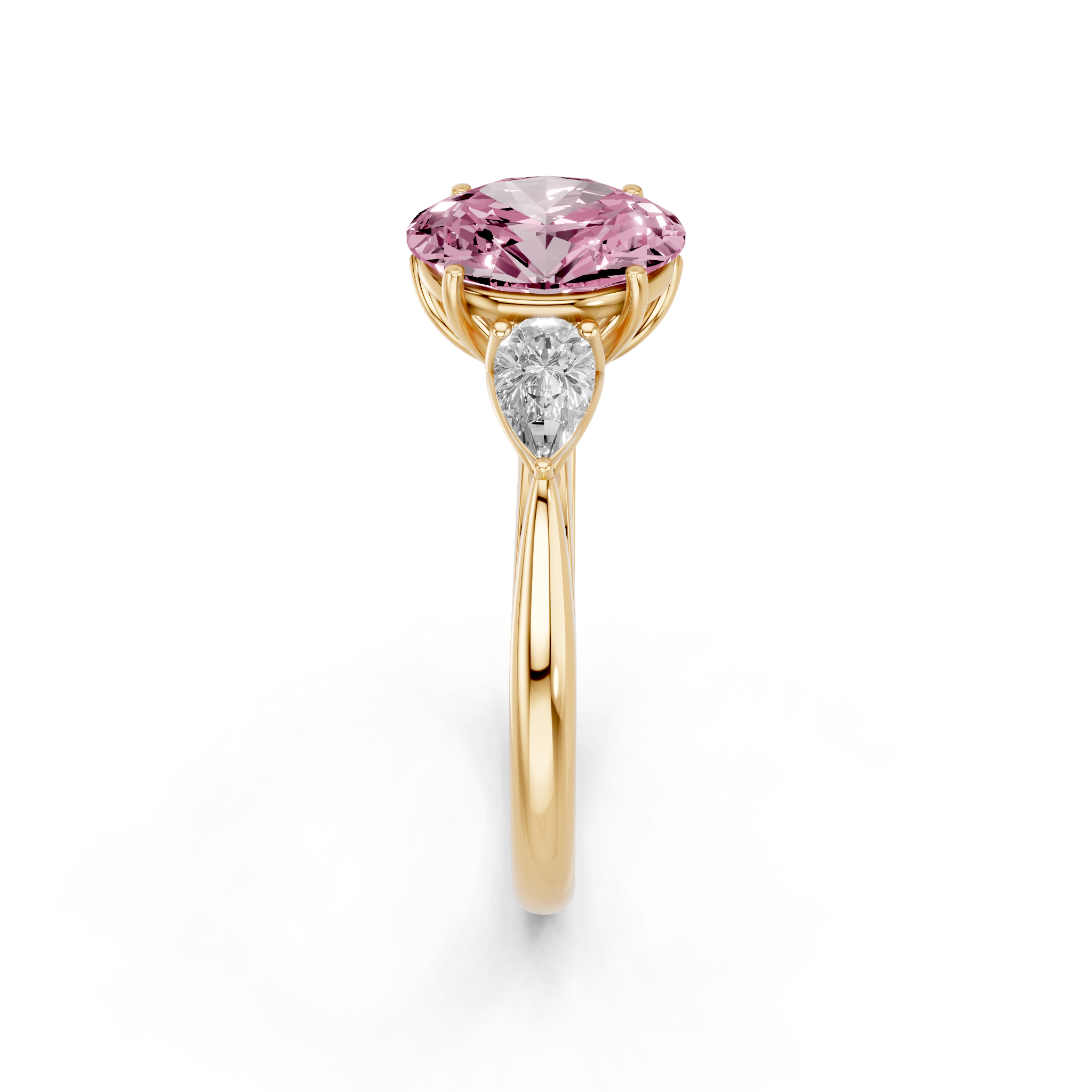 Yellow gold Three-Stone Fancy Pink Oval  Diamond Solitaire Ring with Pear Side Stones and Four-Prong Setting_4