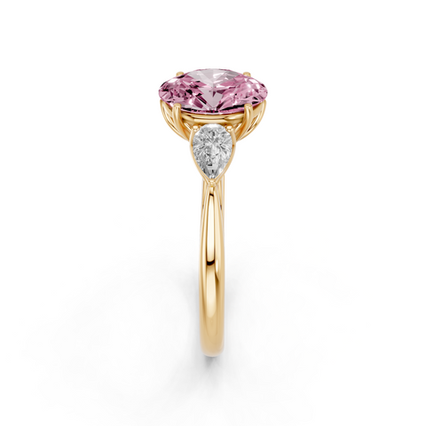 Yellow gold Three-Stone Fancy Pink Oval  Diamond Solitaire Ring with Pear Side Stones and Four-Prong Setting_4