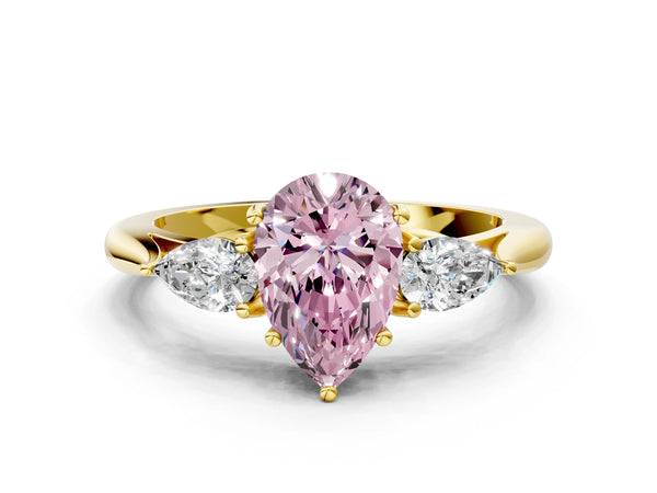 Yellow gold Three-Stone Fancy Pink Pear Cut Brilliant Diamond Solitaire Ring with Tapered Band and Four-Prong Setting