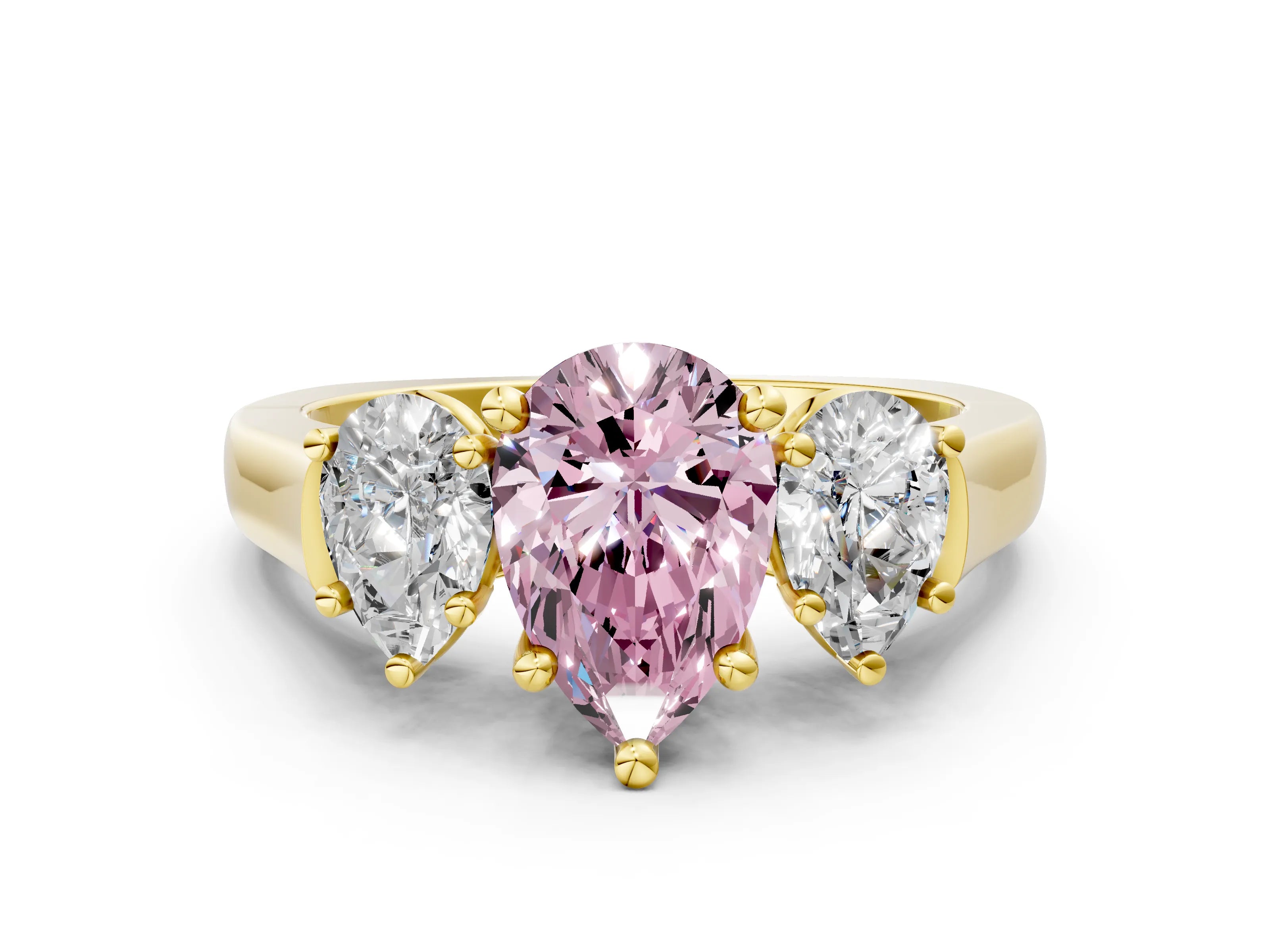 Yellow gold Three-Stone Fancy Pink Pear Cut Brilliant Diamond Trellis Ring with Comfort Fit Band