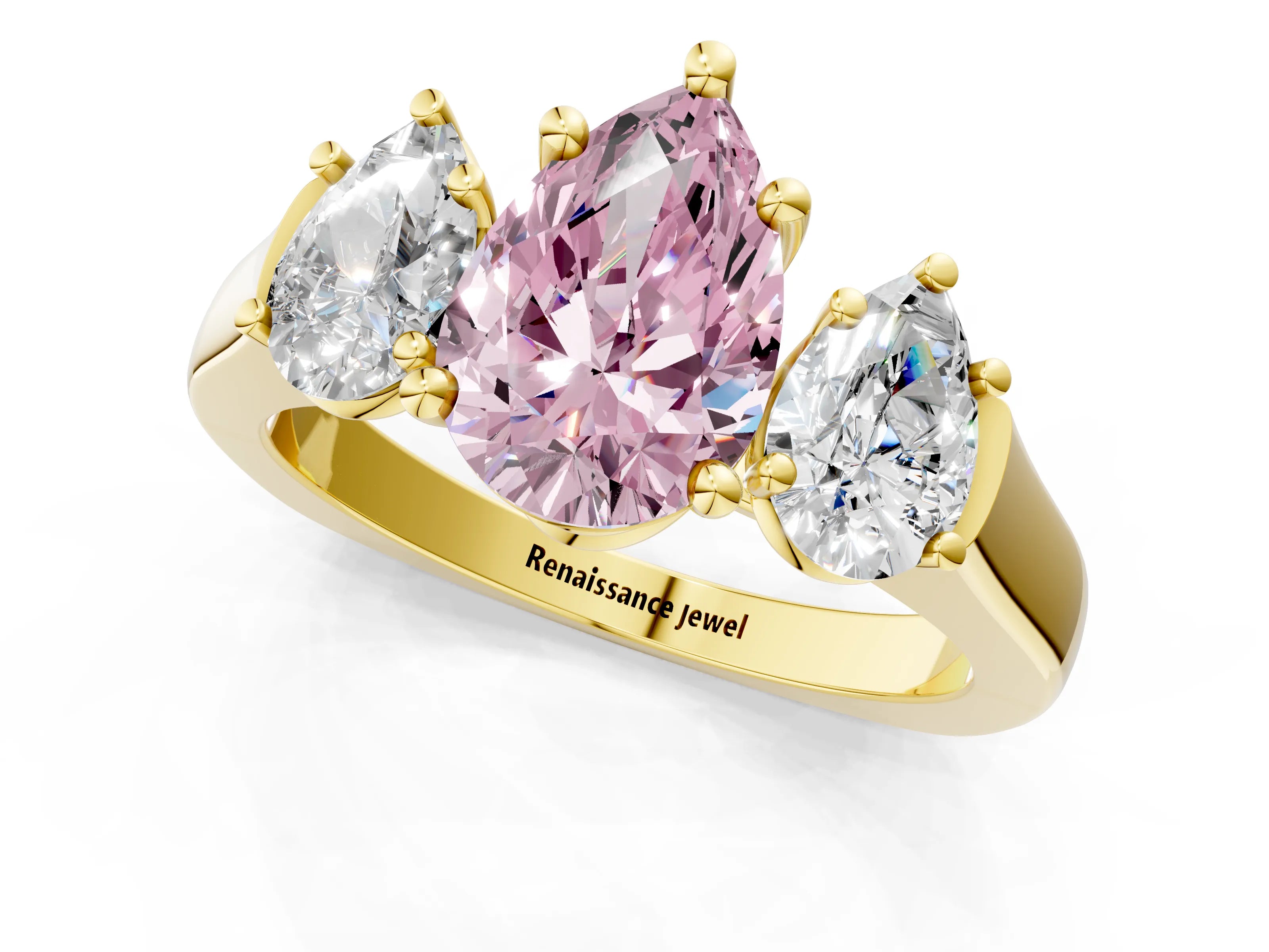 Yellow gold Three-Stone Fancy Pink Pear Cut Brilliant Diamond Trellis Ring with Comfort Fit Band_1