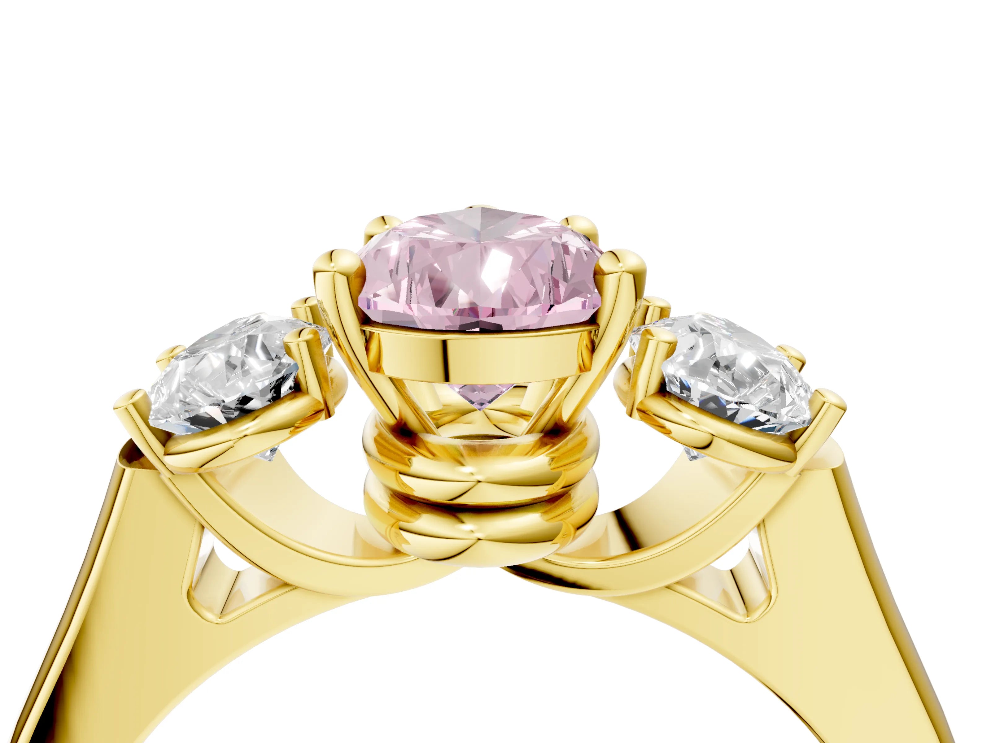 Yellow gold Three-Stone Fancy Pink Pear Cut Brilliant Diamond Trellis Ring with Comfort Fit Band_4