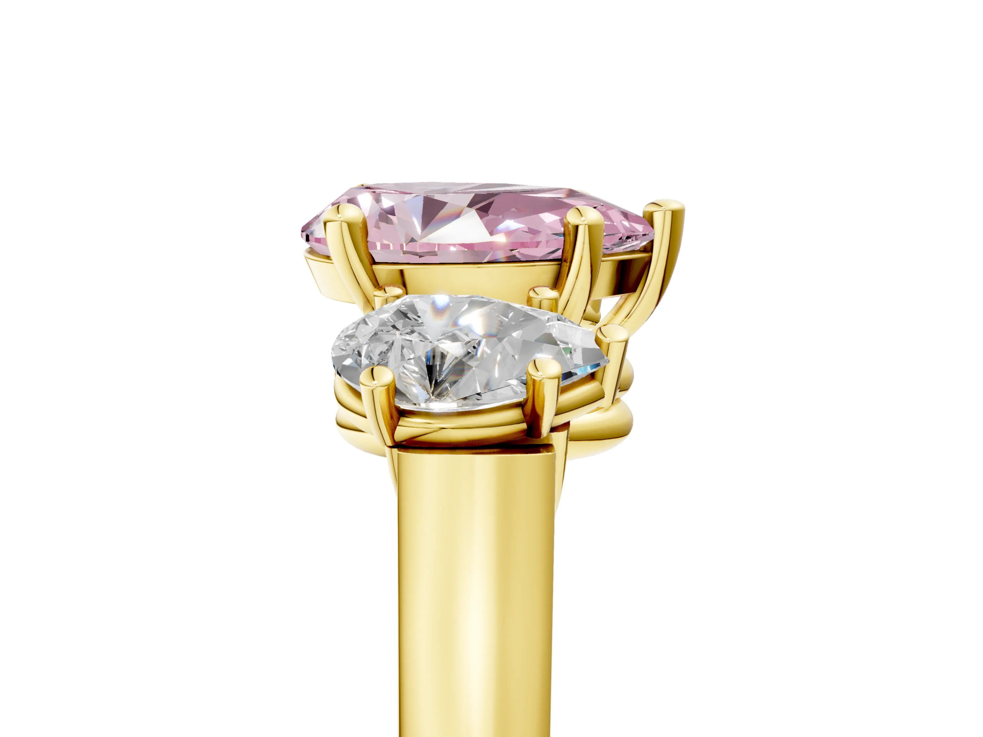 Yellow gold Three-Stone Fancy Pink Pear Cut Brilliant Diamond Trellis Ring with Comfort Fit Band_5