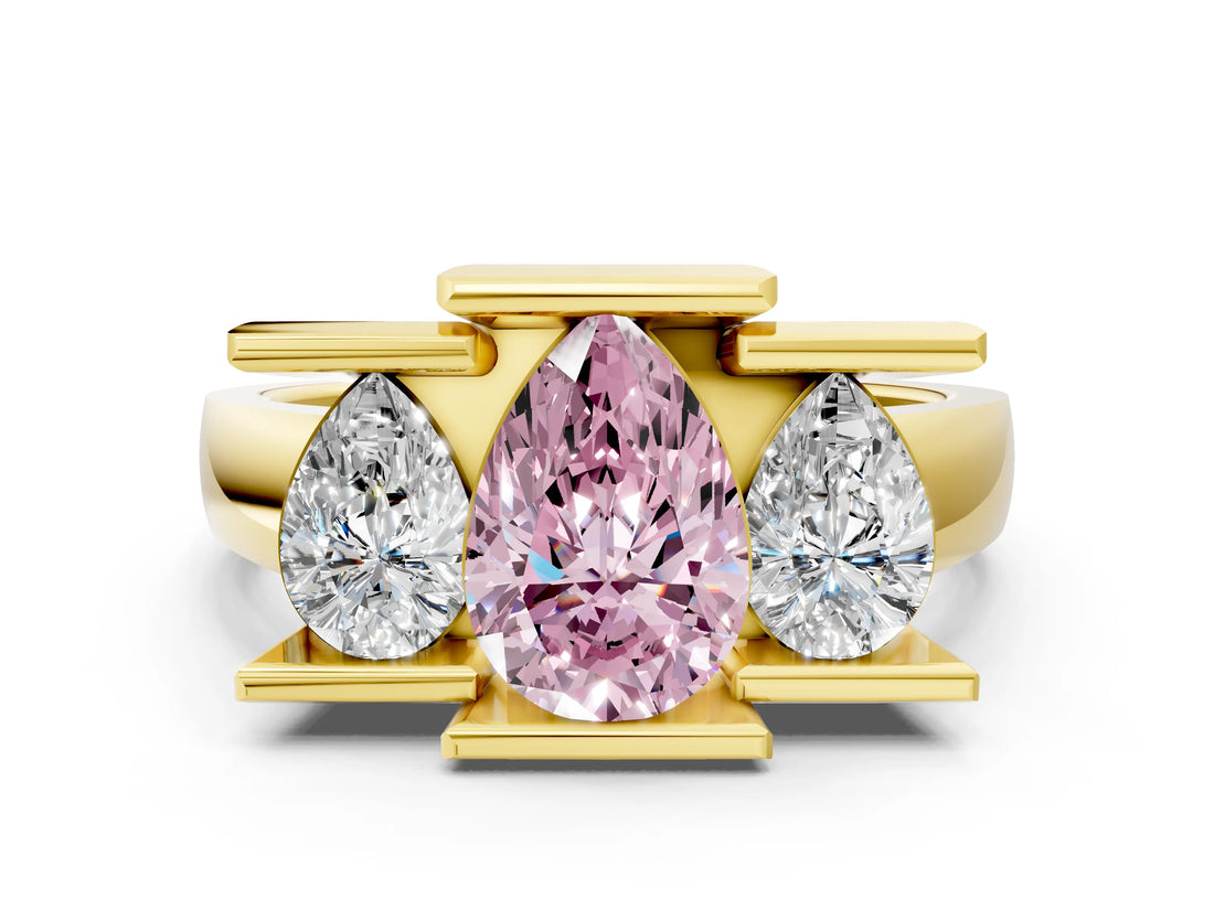 Yellow gold Three Stone Fancy Pink Pear Cut Cut Channel Set Diamond Ring