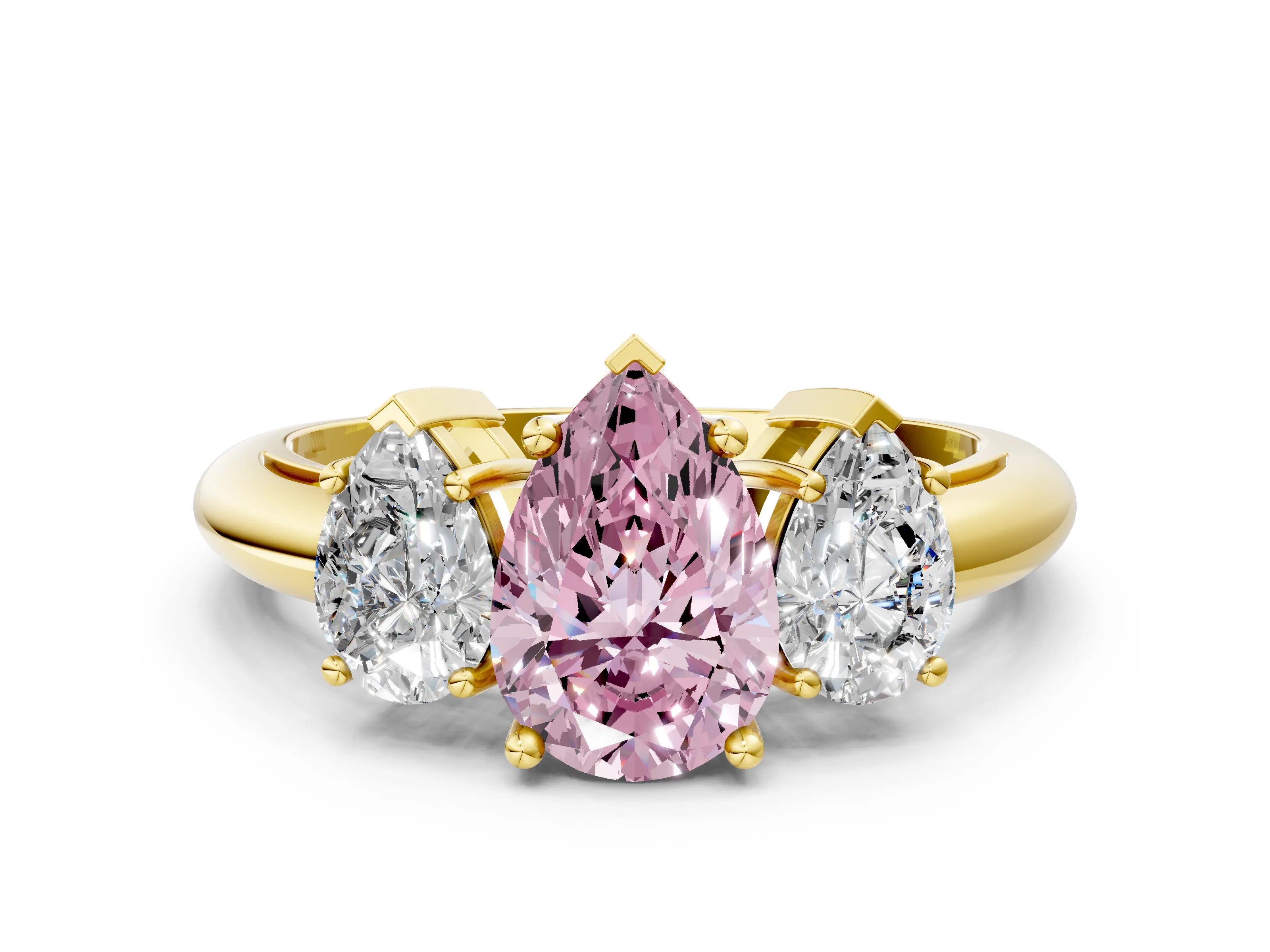 Yellow gold Three-Stone Fancy Pink Pear Cut Cut Diamond Engagement Ring with Prong Setting on a White Gold Band