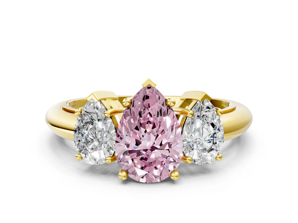 Yellow gold Three-Stone Fancy Pink Pear Cut Cut Diamond Engagement Ring with Prong Setting on a White Gold Band