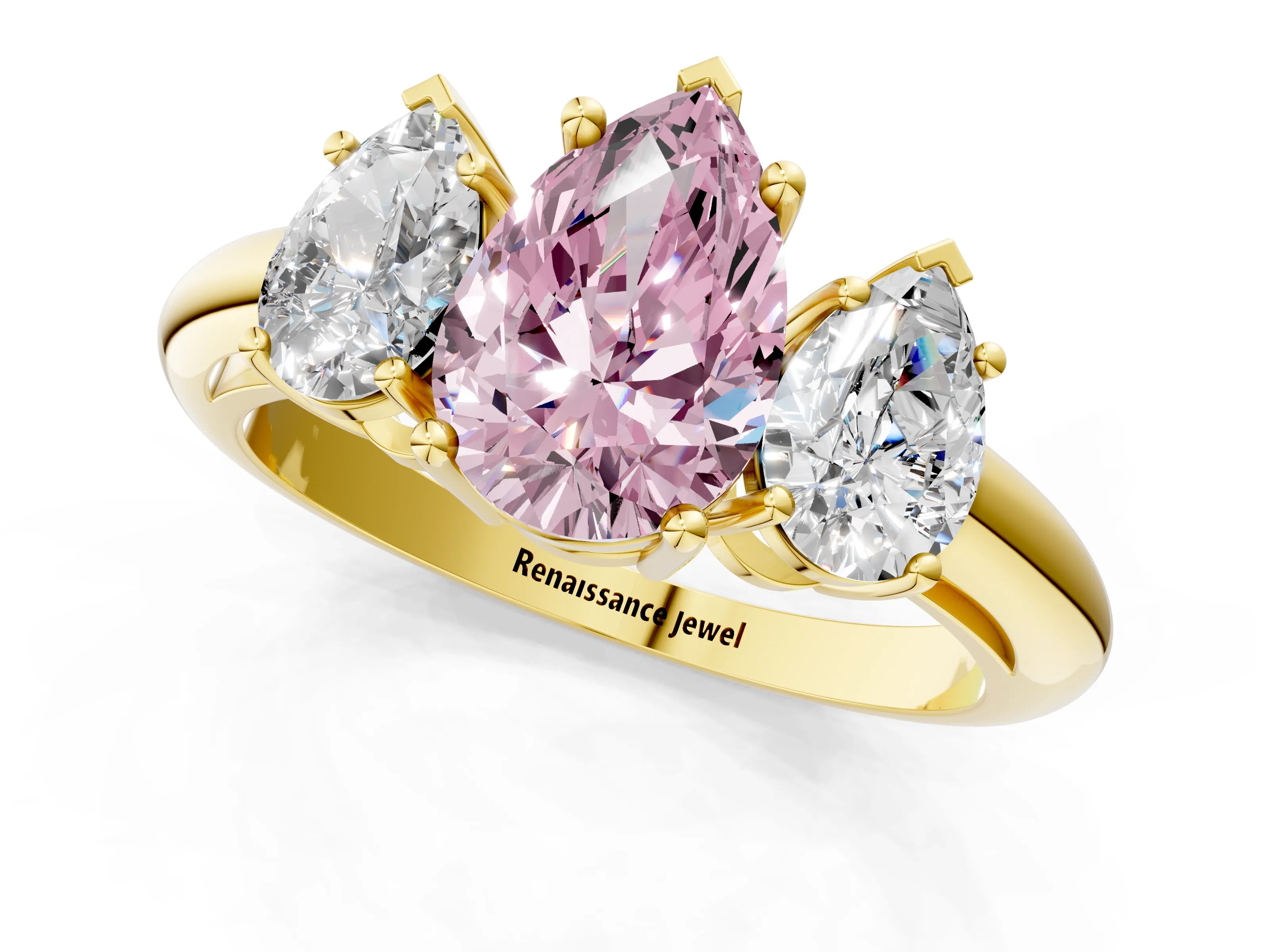 Yellow gold Three-Stone Fancy Pink Pear Cut Cut Diamond Engagement Ring with Prong Setting on a White Gold Band_1
