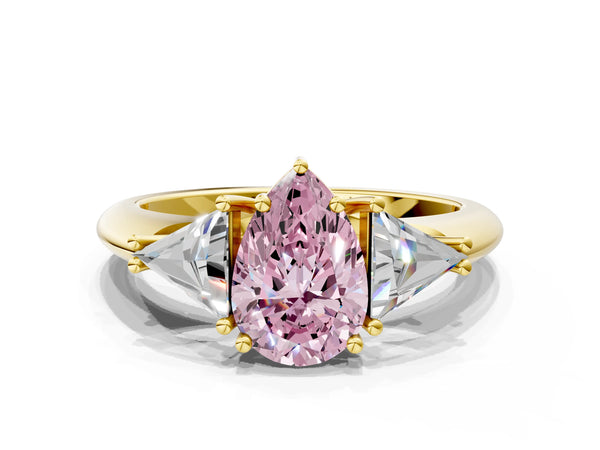 Yellow gold Three-Stone Fancy Pink Pear Cut Cut Diamond Ring with Trillion Side Stones and Four-Prong Setting