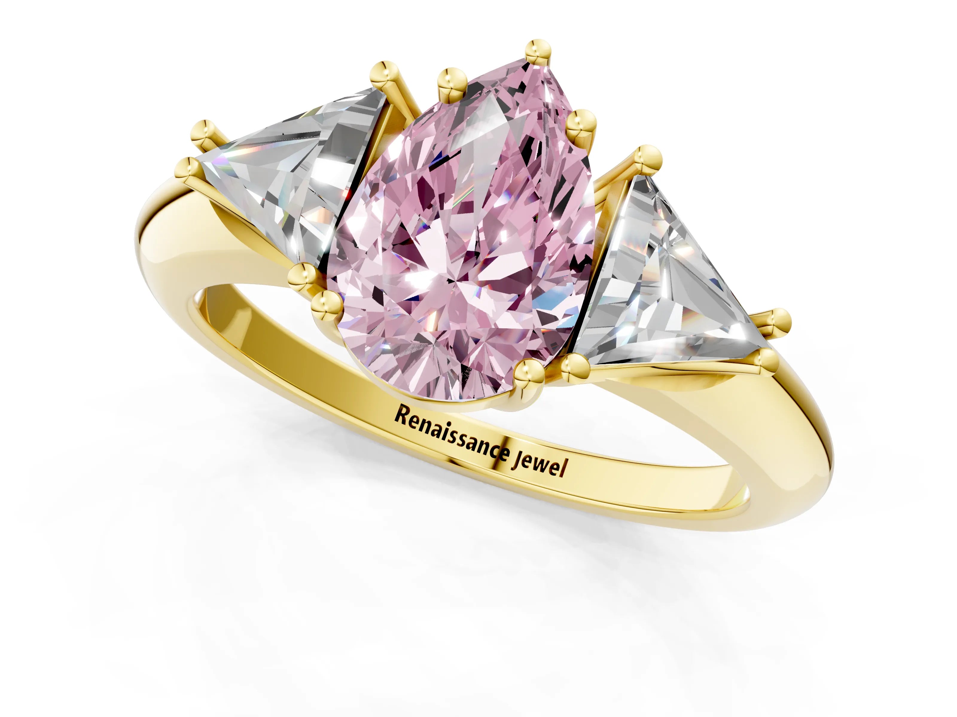 Yellow gold Three-Stone Fancy Pink Pear Cut Cut Diamond Ring with Trillion Side Stones and Four-Prong Setting_4