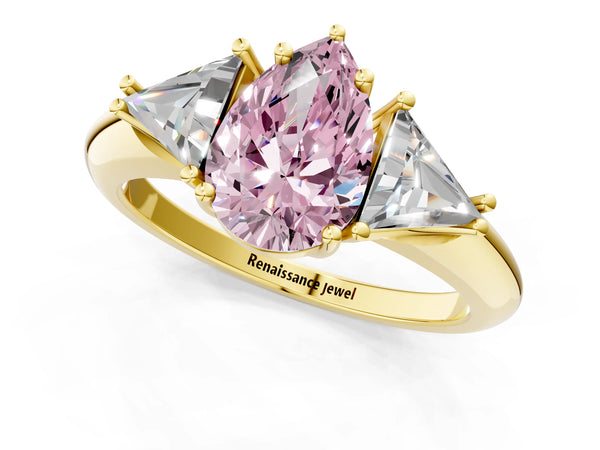 Yellow gold Three-Stone Fancy Pink Pear Cut Cut Diamond Ring with Trillion Side Stones and Four-Prong Setting